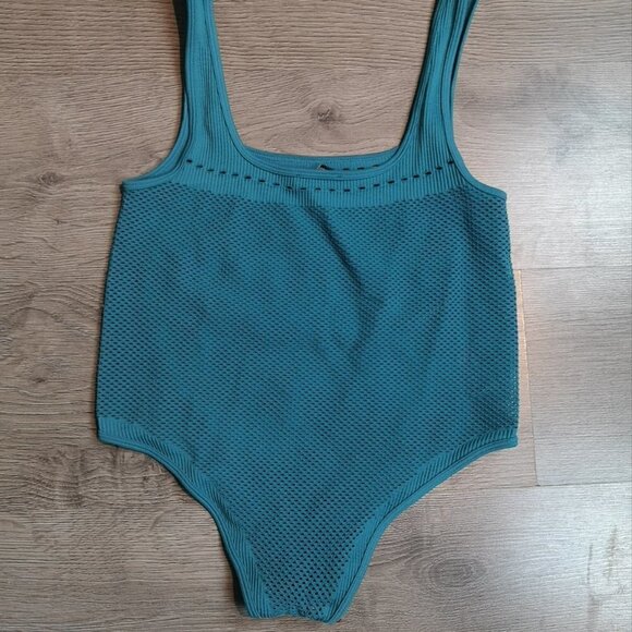 Neo-vintage Eco-luxe Teal Green Knit Pointelle Stretch Jersey Tank Bodysuit - Picture 5 of 5